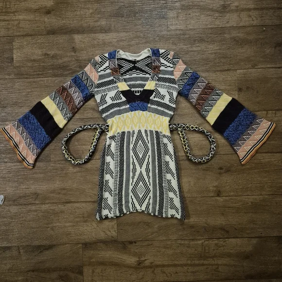 FREE PEOPLE XS Multicolor Patchwork Long Bell Sleeve Sweater Dress - Picture 9 of 10